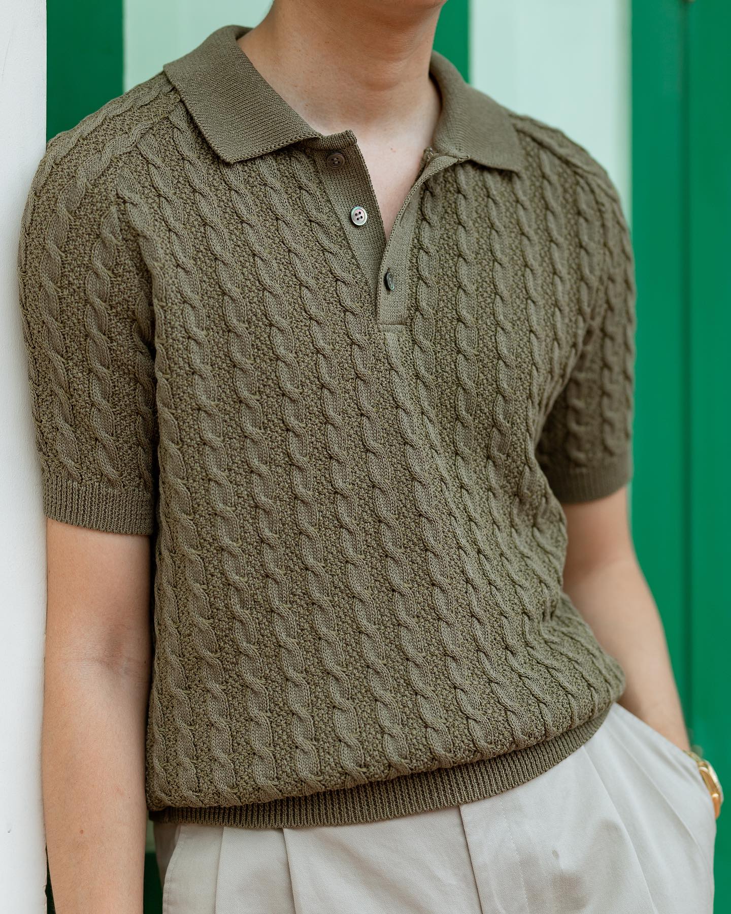 The Decorum Cable Knit Polo Shirt - Moss Green
