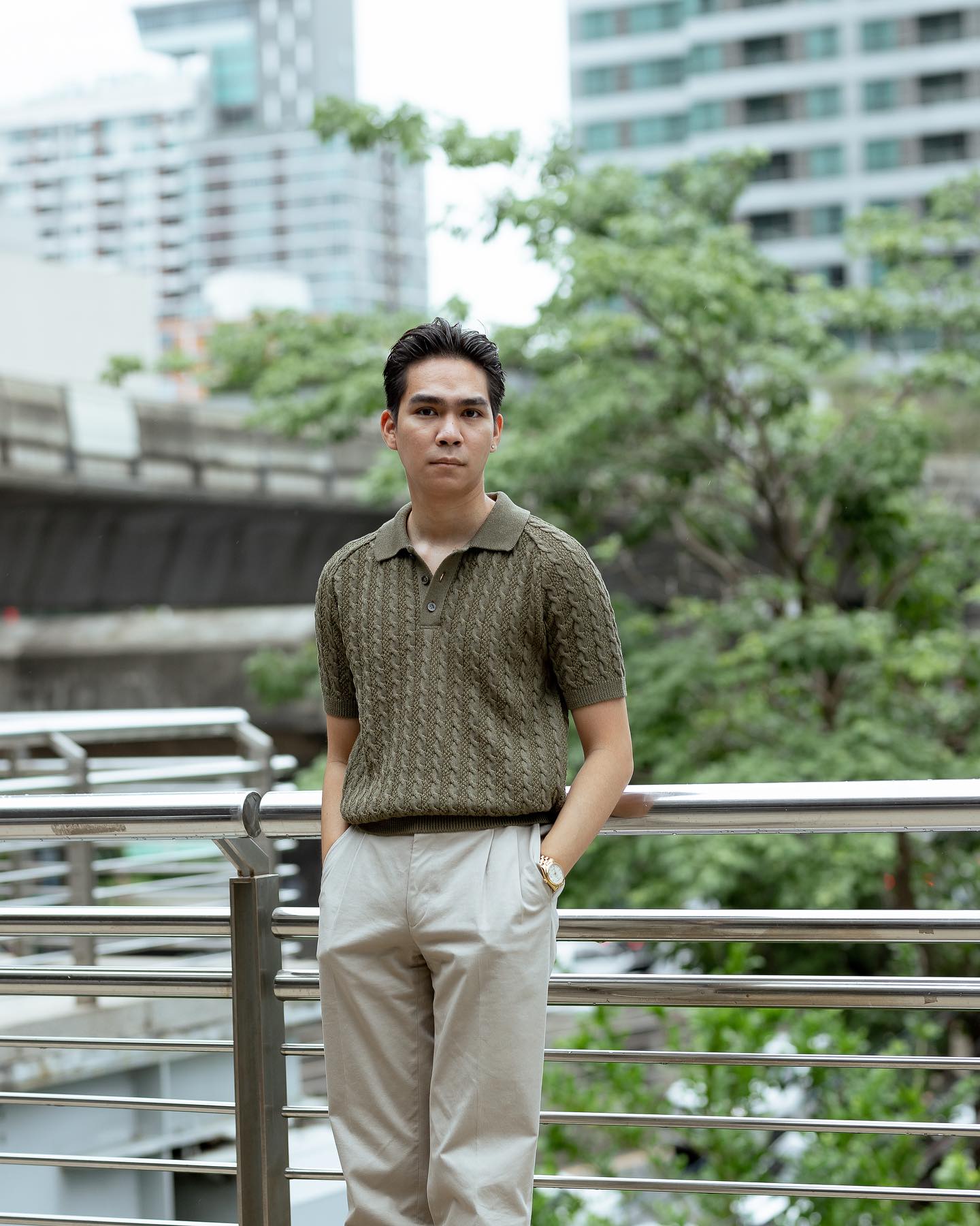 The Decorum Cable Knit Polo Shirt - Moss Green
