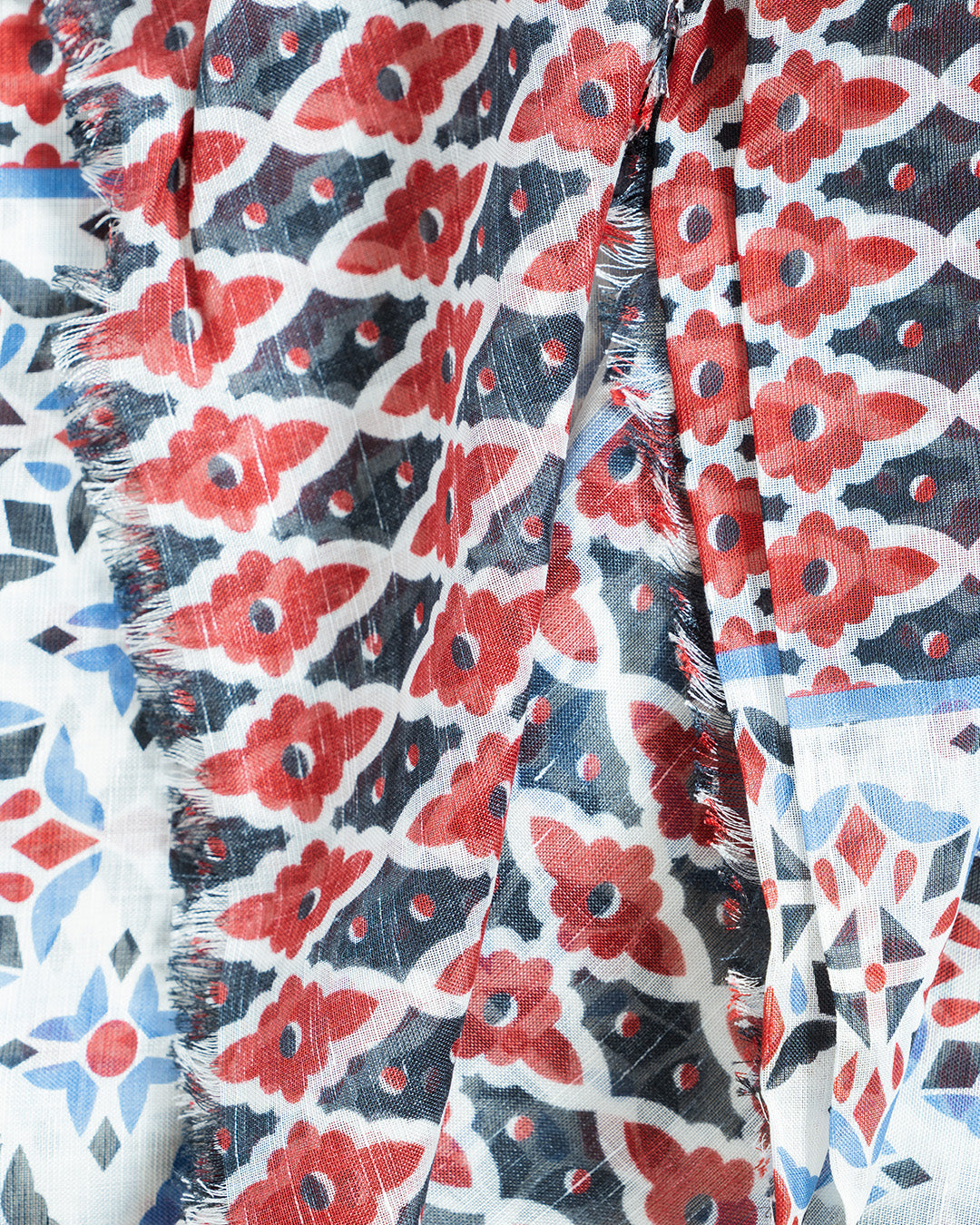 Calabrese Geometric Floral Scarf - White/Red/Black