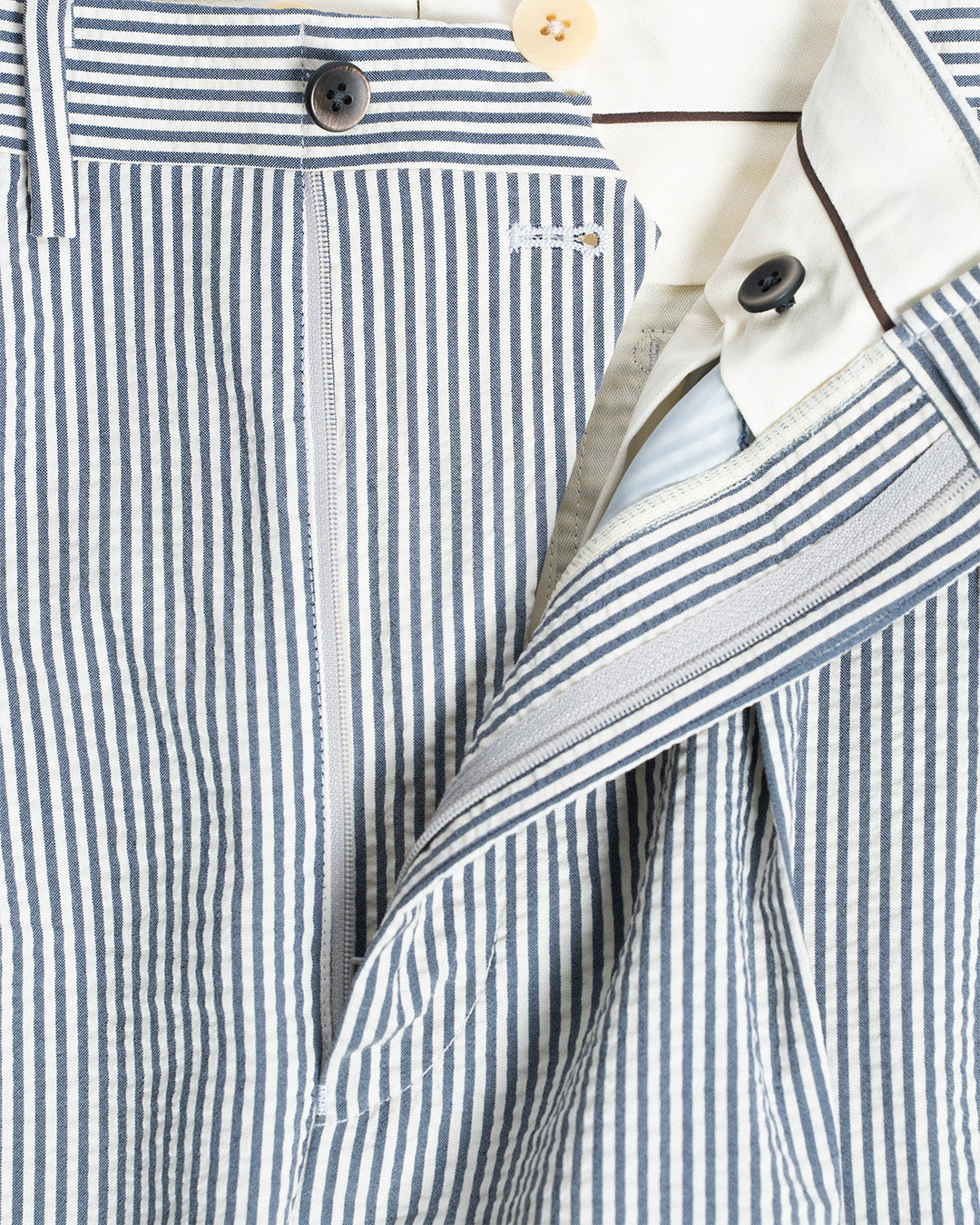 The Decorum Grant Trousers in Blue Striped Wool Seersucker