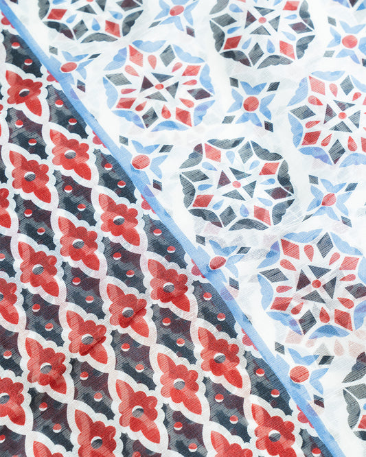 Calabrese Geometric Floral Scarf - White/Red/Black