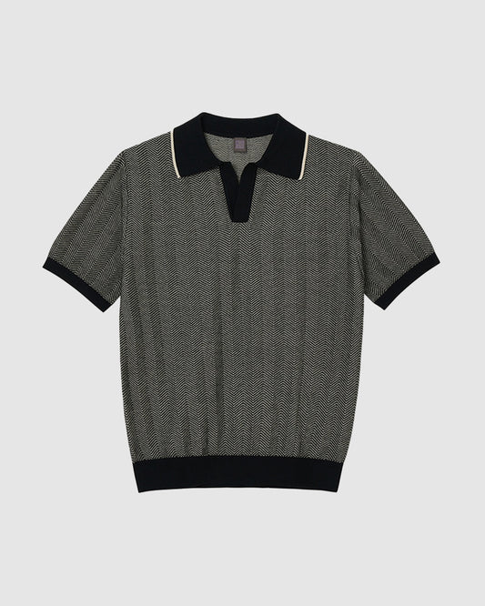 Iolo Herringbone Half Collar Polo Shirt Black