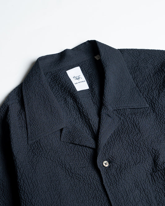 YK Navy Seersucker Long Sleeve Cabana Shirt FW24