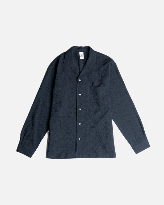 YK Navy Seersucker Long Sleeve Cabana Shirt FW24