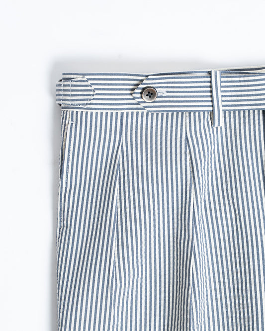 The Decorum Grant Trousers in Blue Striped Wool Seersucker