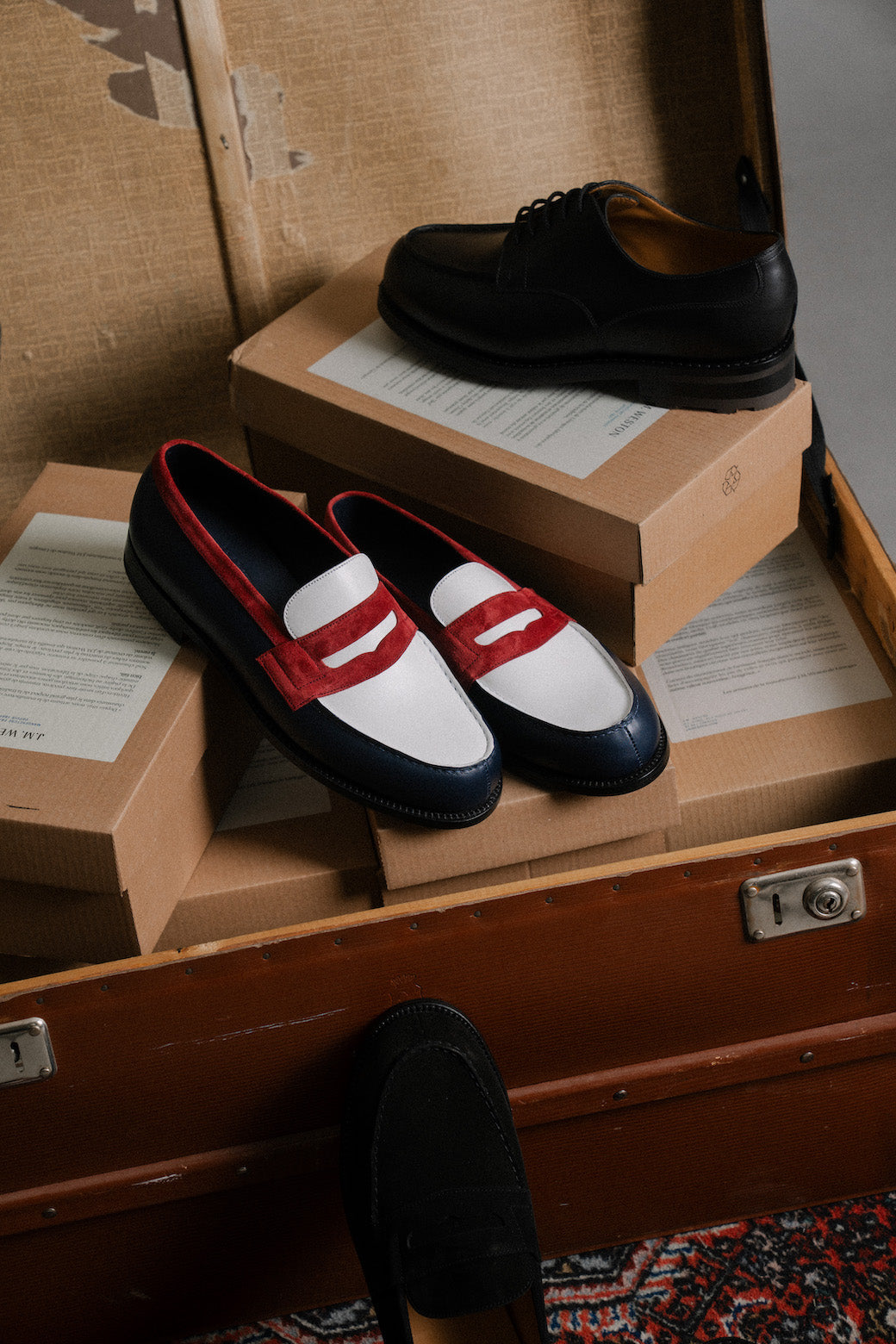 J.M. Weston 180 Loafer Navy/White/Burgundy Box Calf D Width