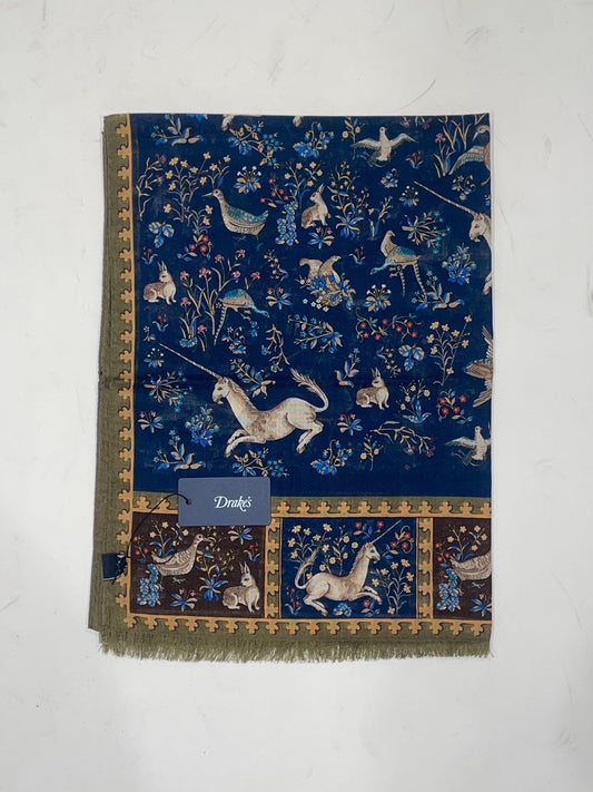 Drake's Navy Unicorn Print Wool-Silk Scarf