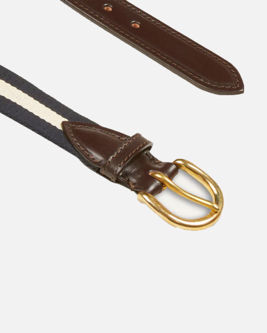 Drake's Navy and Ecru Stripe Webbing and Leather Belt